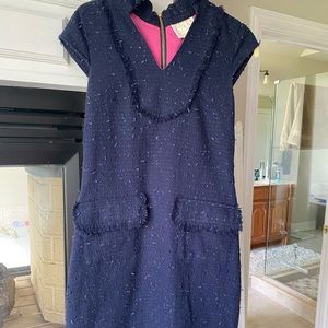 Navy tweed Sail to Sable dress, with pink accents.